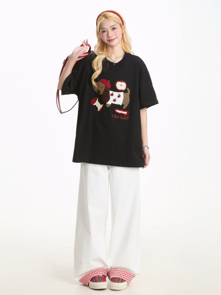 Summer Puppy Embroidered Short Sleeve T-Shirt