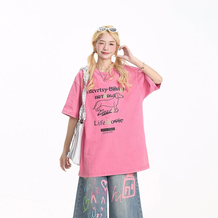 American-style Puppy Print Short-sleeve T-shirt