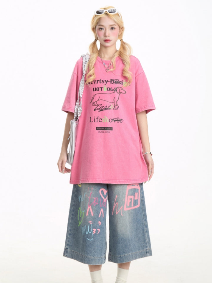 American-style Puppy Print Short-sleeve T-shirt