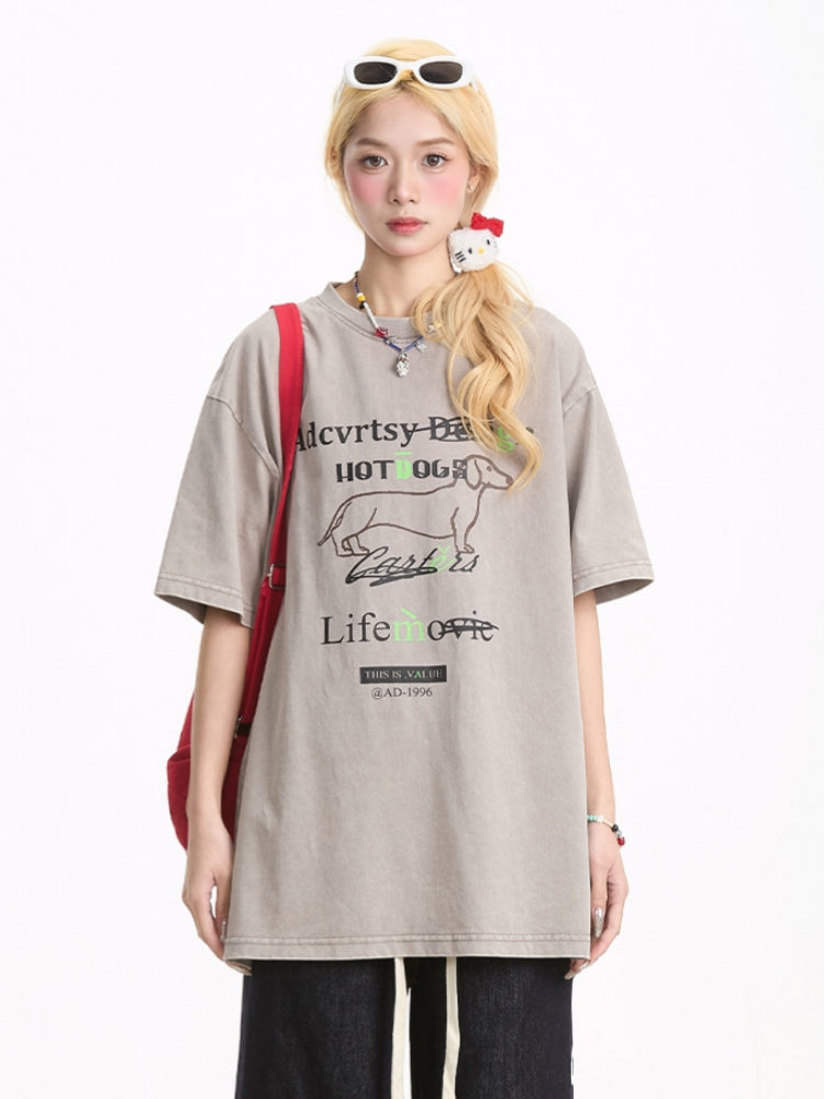 American-style Puppy Print Short-sleeve T-shirt