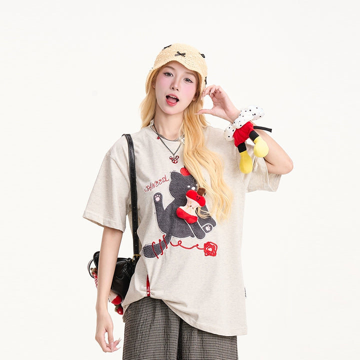 Kitten Embroidery 3D Apple Short-Sleeve T-shirt
