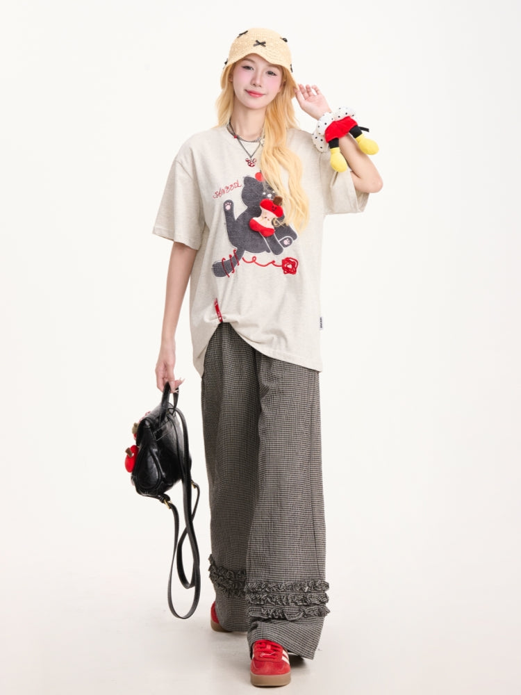 Kitten Embroidery 3D Apple Short-Sleeve T-shirt