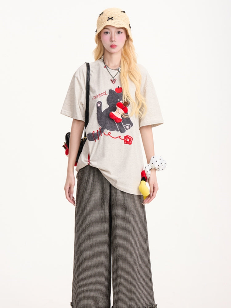 Kitten Embroidery 3D Apple Short-Sleeve T-shirt