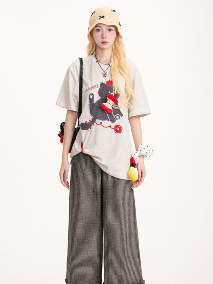 Kitten Embroidery 3D Apple Short-Sleeve T-shirt