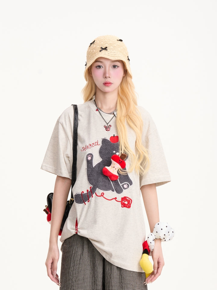 Kitten Embroidery 3D Apple Short-Sleeve T-shirt
