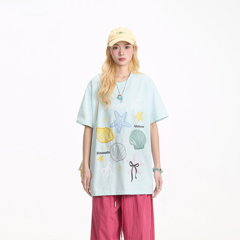 Summer Cartoon Seashell Print Short-Sleeve T-shirt