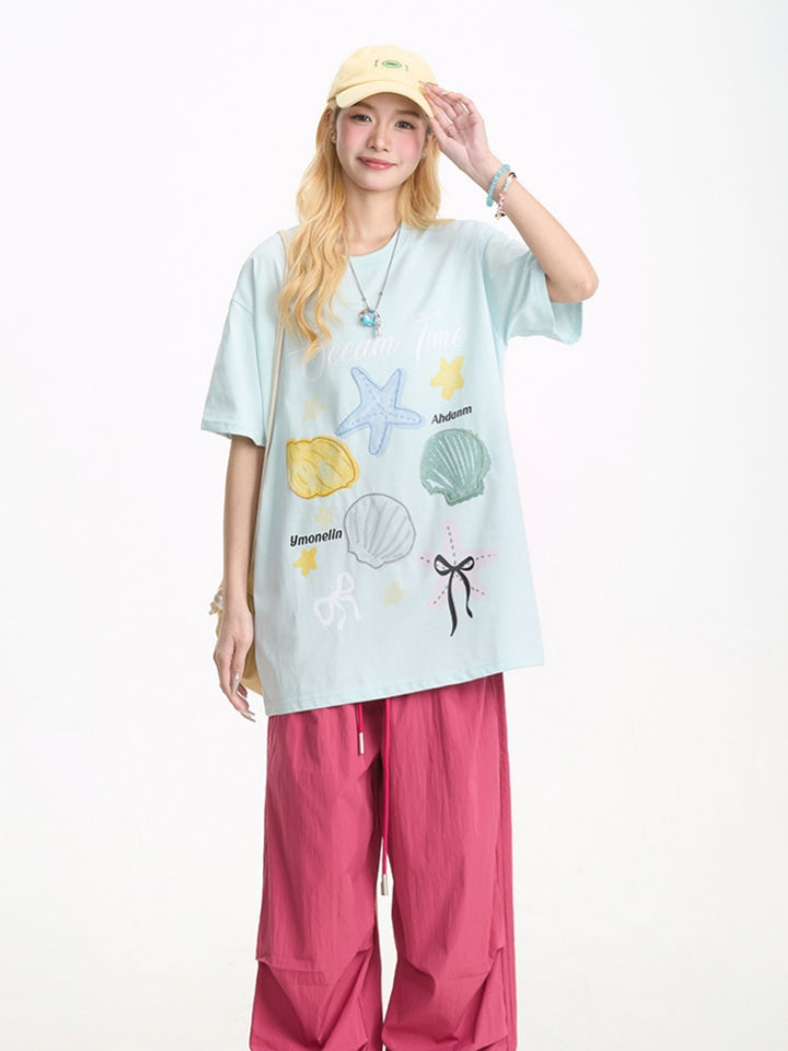 Summer Cartoon Seashell Print Short-Sleeve T-shirt