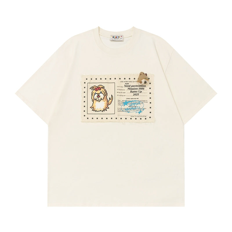 Japanese-Style Cartoon Puppy Appliqué Short-Sleeve T-shirt