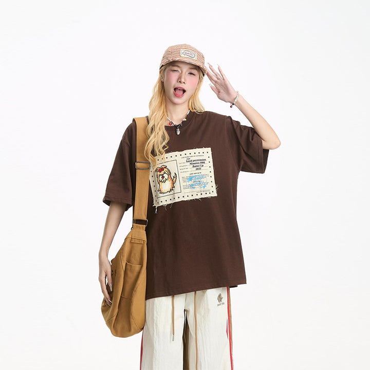 Japanese-Style Cartoon Puppy Appliqué Short-Sleeve T-shirt