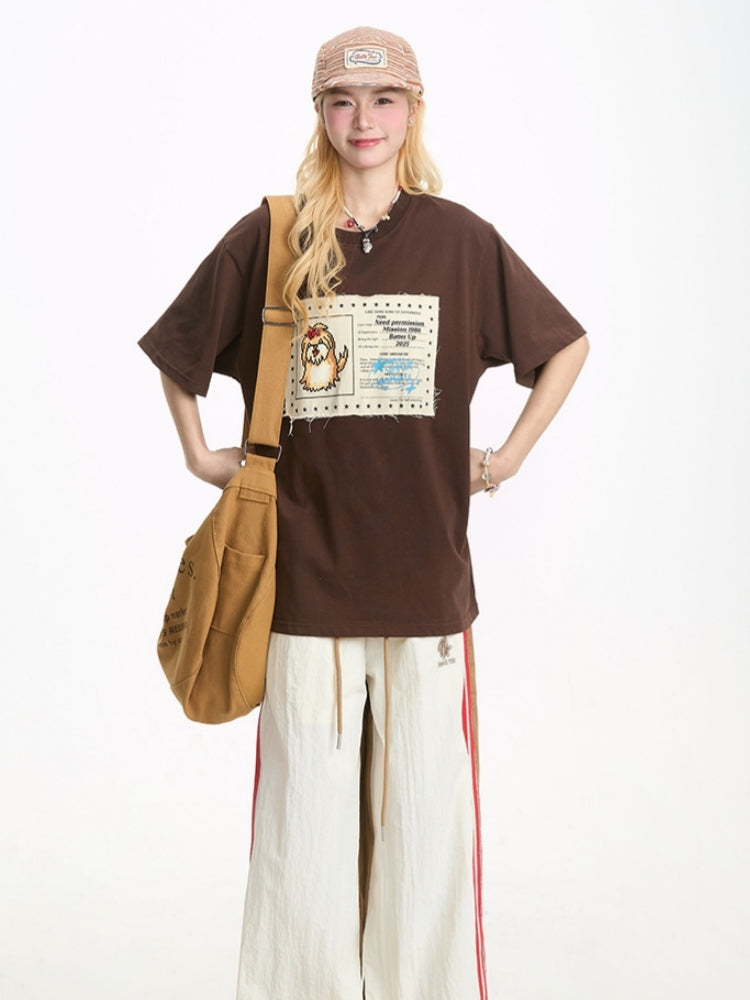 Japanese-Style Cartoon Puppy Appliqué Short-Sleeve T-shirt