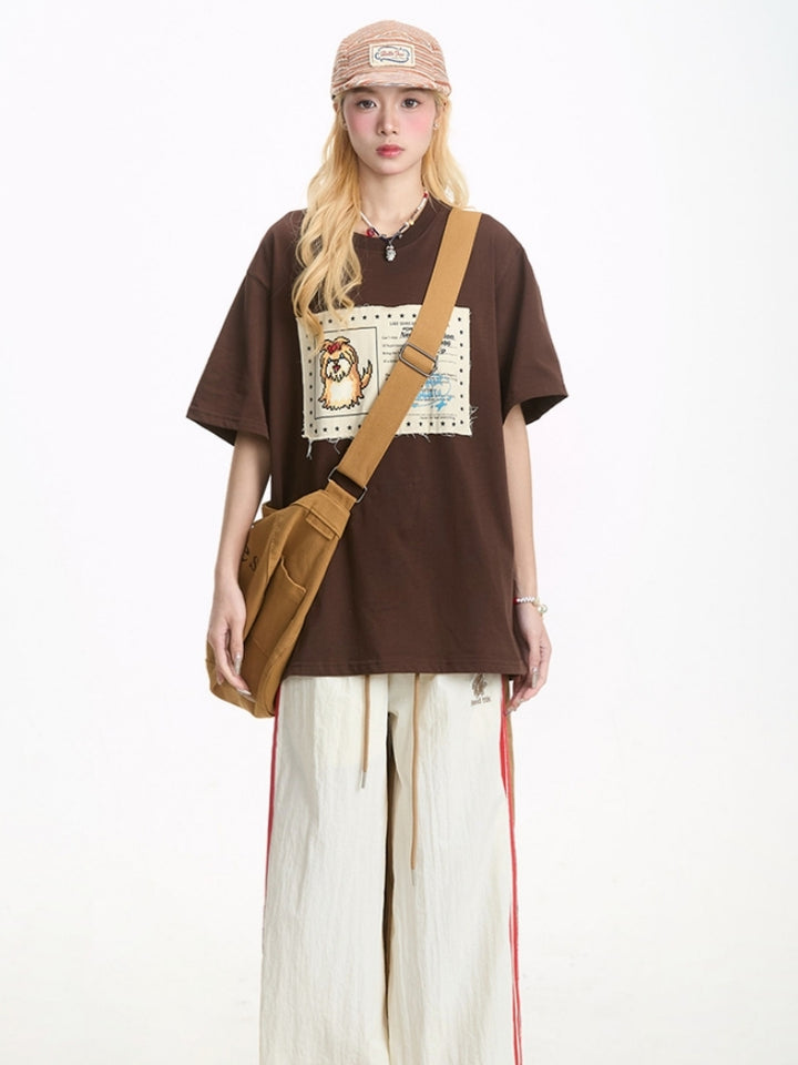 Japanese-Style Cartoon Puppy Appliqué Short-Sleeve T-shirt