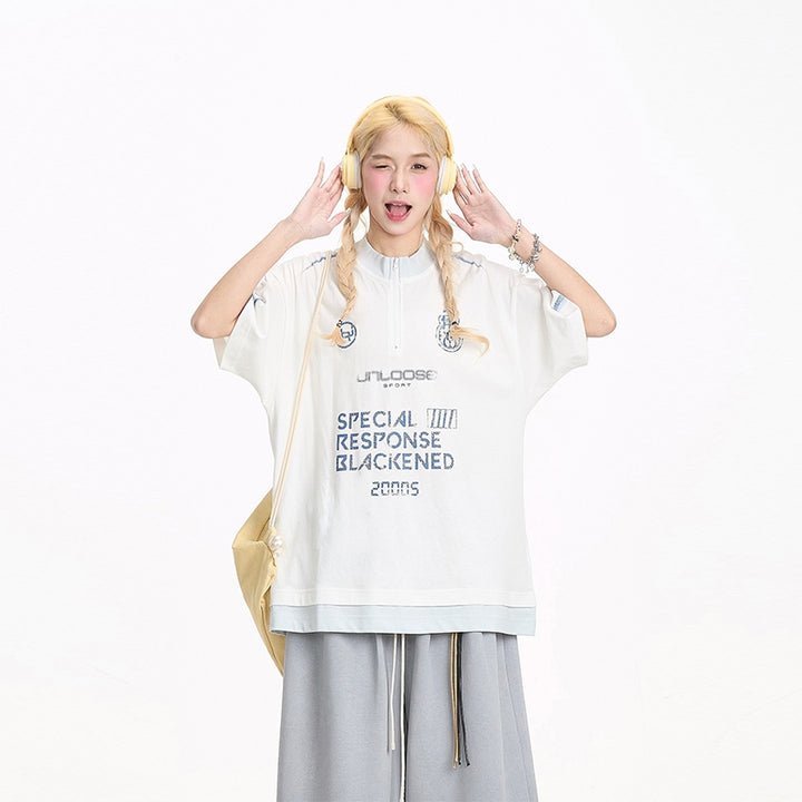 American Streetwear Half-Zip Letter T-shirt