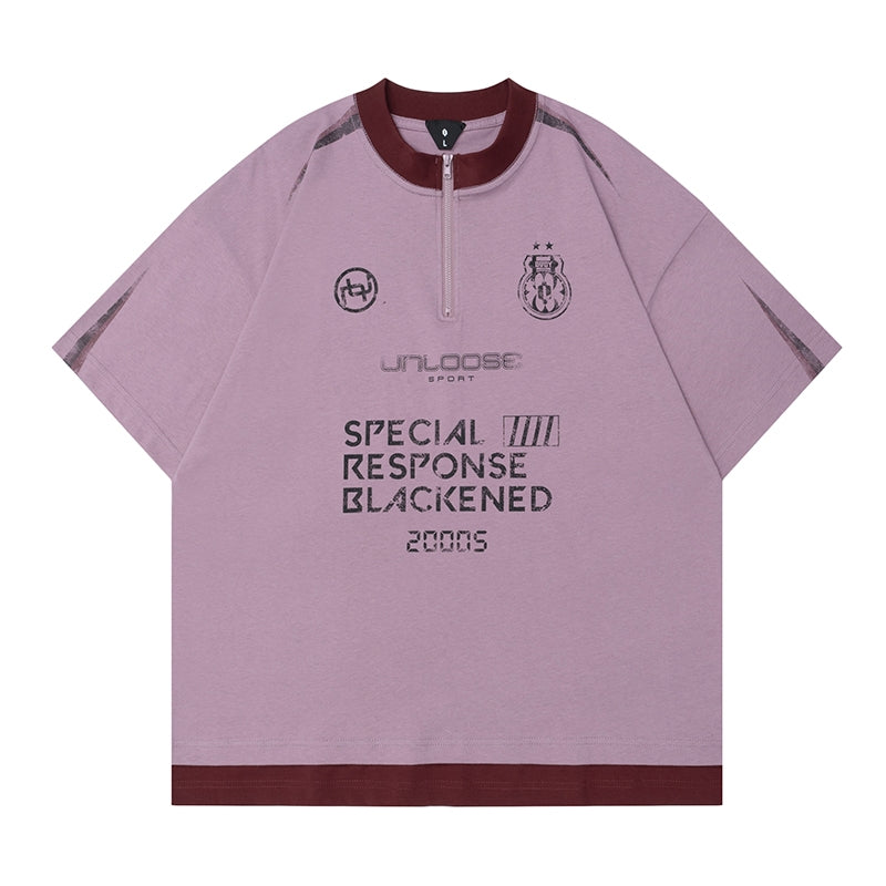 American Streetwear Half-Zip Letter T-shirt