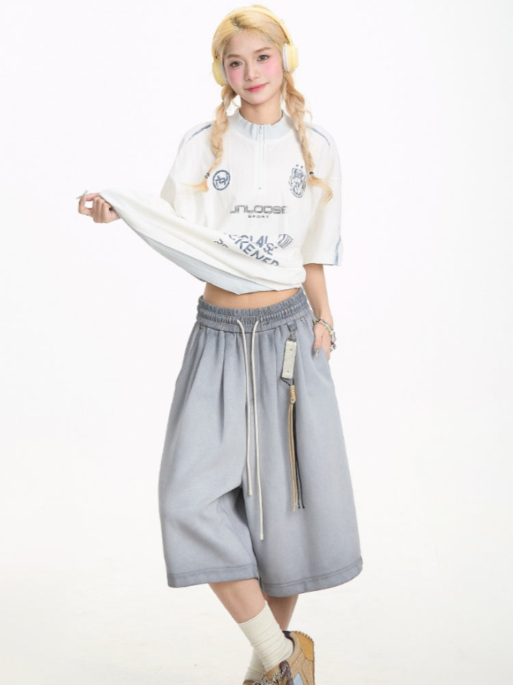 American Streetwear Half-Zip Letter T-shirt