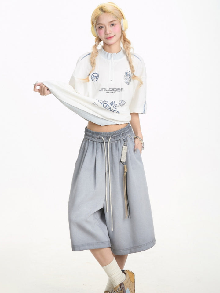 American Streetwear Half-Zip Letter T-shirt