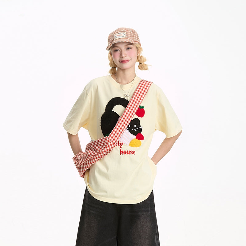 Cute Black Kitten Embroidered Short-Sleeve T-shirt