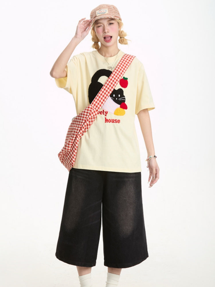 Cute Black Kitten Embroidered Short-Sleeve T-shirt