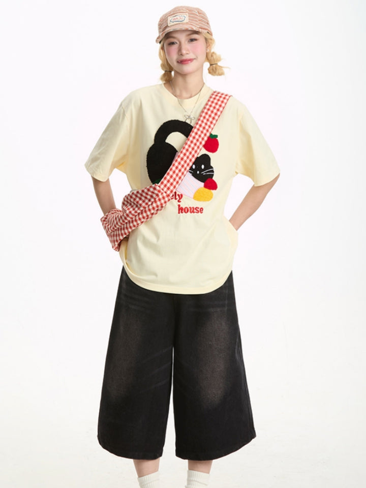 Cute Black Kitten Embroidered Short-Sleeve T-shirt