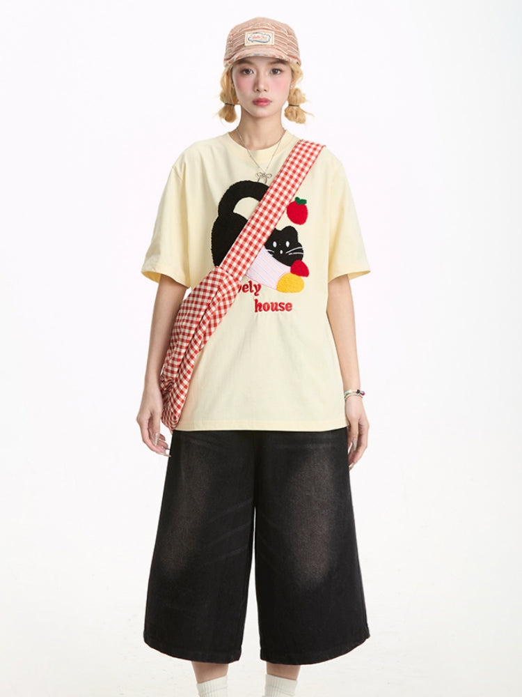 Cute Black Kitten Embroidered Short-Sleeve T-shirt