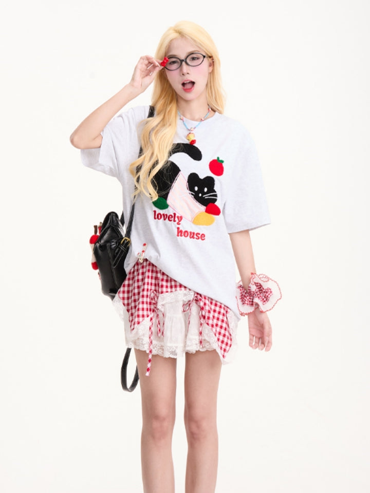 Cute Black Kitten Embroidered Short-Sleeve T-shirt