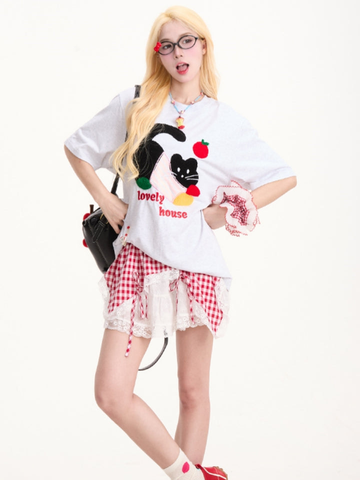 Cute Black Kitten Embroidered Short-Sleeve T-shirt