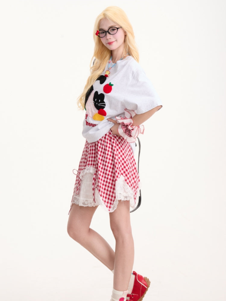 Cute Black Kitten Embroidered Short-Sleeve T-shirt