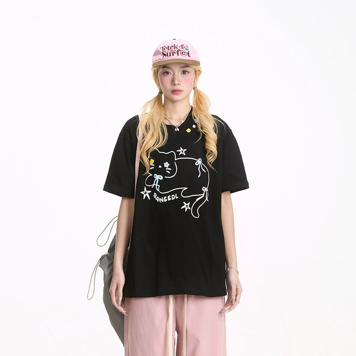 Cute Black Kitten Embroidered Short-Sleeve T-shirt