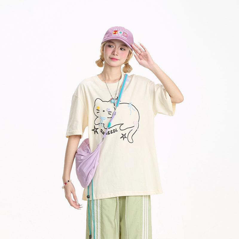 Cute Black Kitten Embroidered Short-Sleeve T-shirt