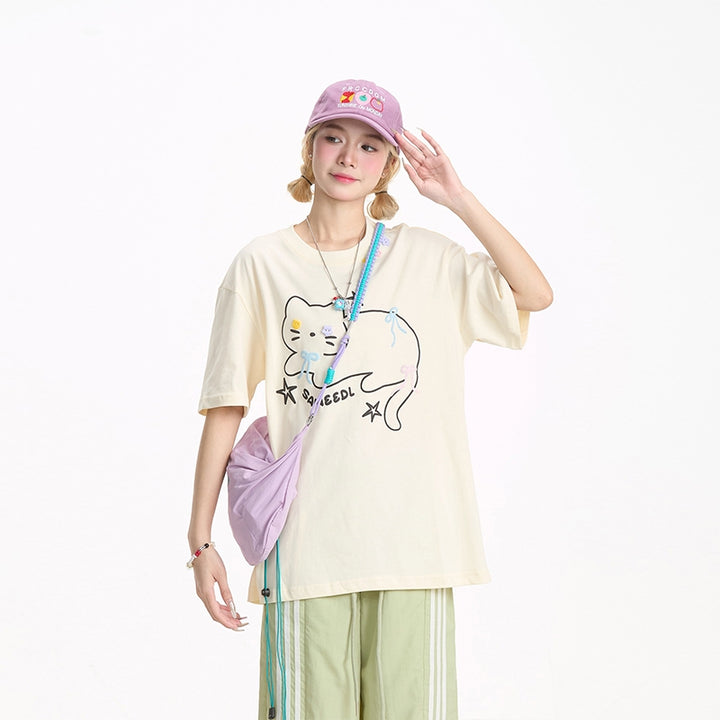 Cute Black Kitten Embroidered Short-Sleeve T-shirt