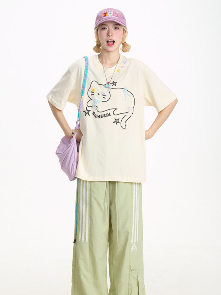 Cute Black Kitten Embroidered Short-Sleeve T-shirt