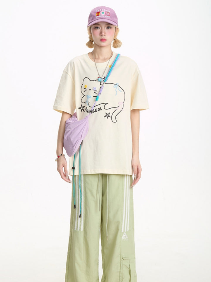 Cute Black Kitten Embroidered Short-Sleeve T-shirt