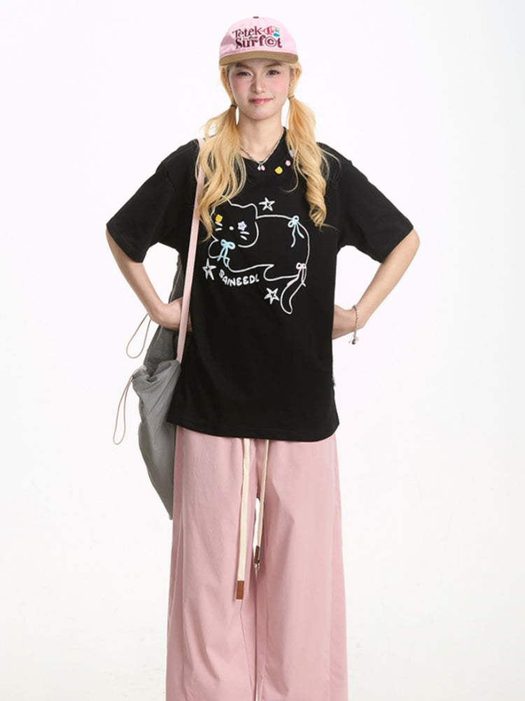 Cute Black Kitten Embroidered Short-Sleeve T-shirt