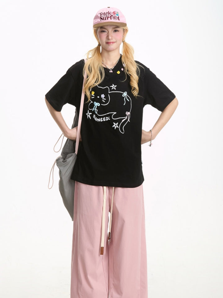 Cute Black Kitten Embroidered Short-Sleeve T-shirt