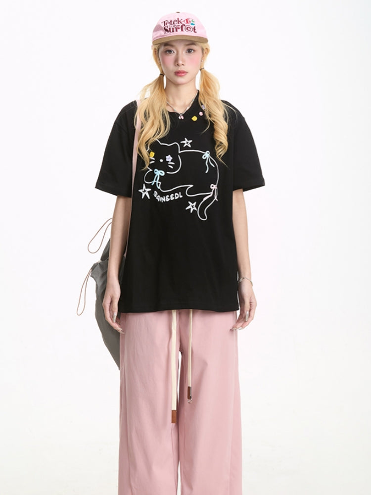 Cute Black Kitten Embroidered Short-Sleeve T-shirt