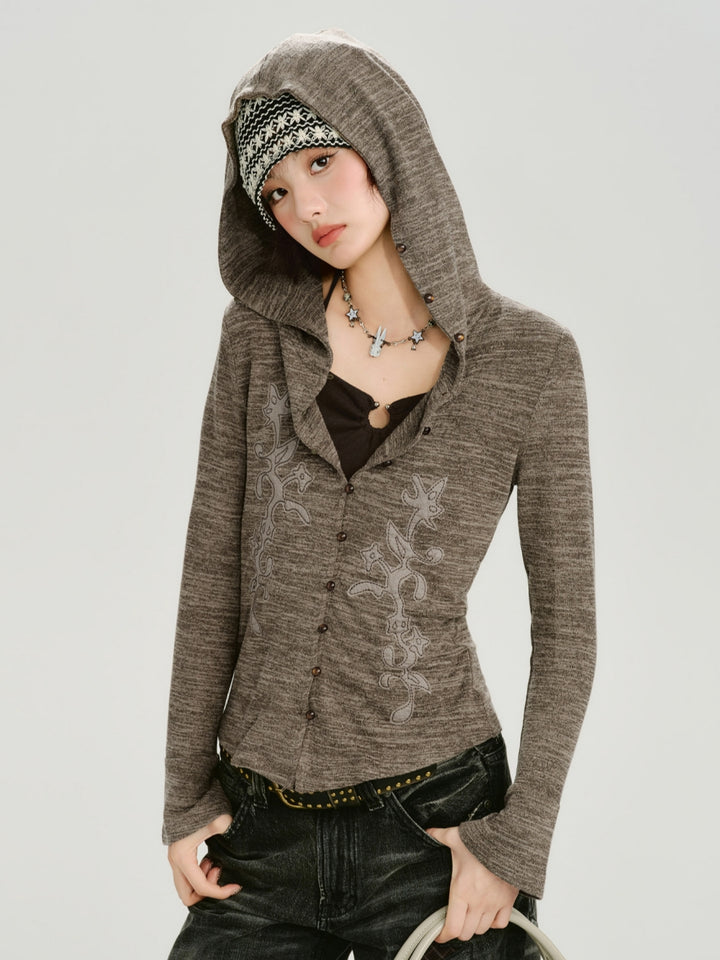 Vintage Floral Embroidery Hooded Slim Tops