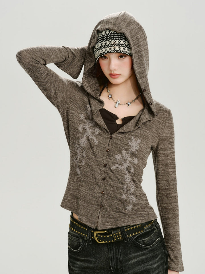 Vintage Floral Embroidery Hooded Slim Tops