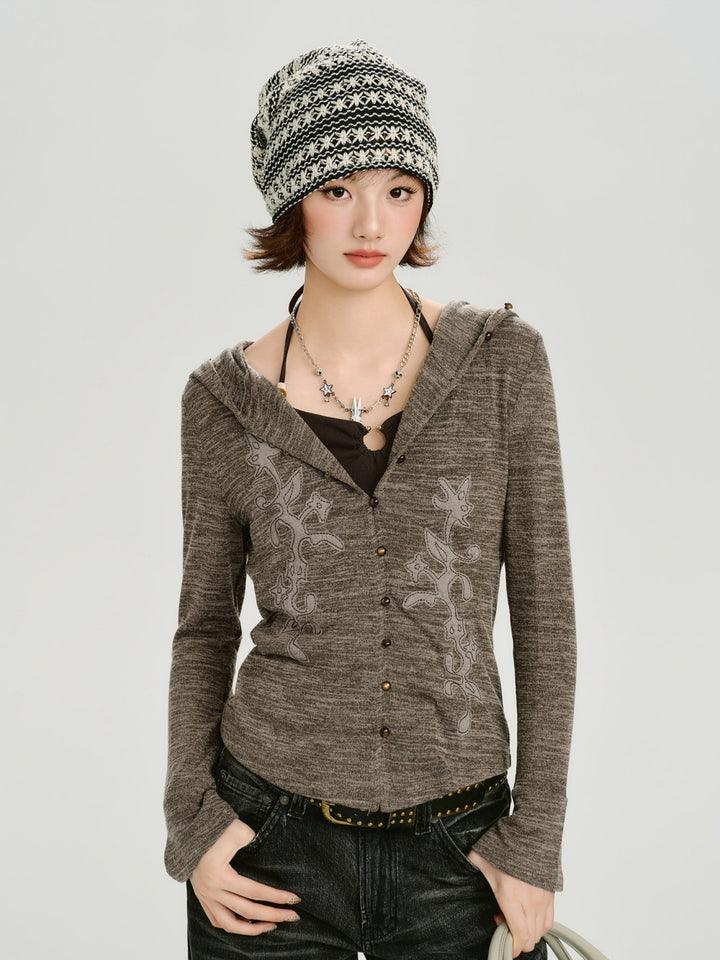 Vintage Floral Embroidery Hooded Slim Tops