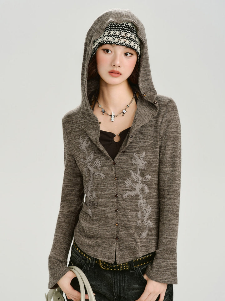 Vintage Floral Embroidery Hooded Slim Tops