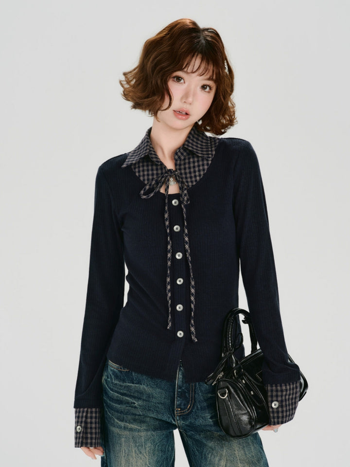 Plaid Collar Faux Two-Piece Slim Fit Tops
