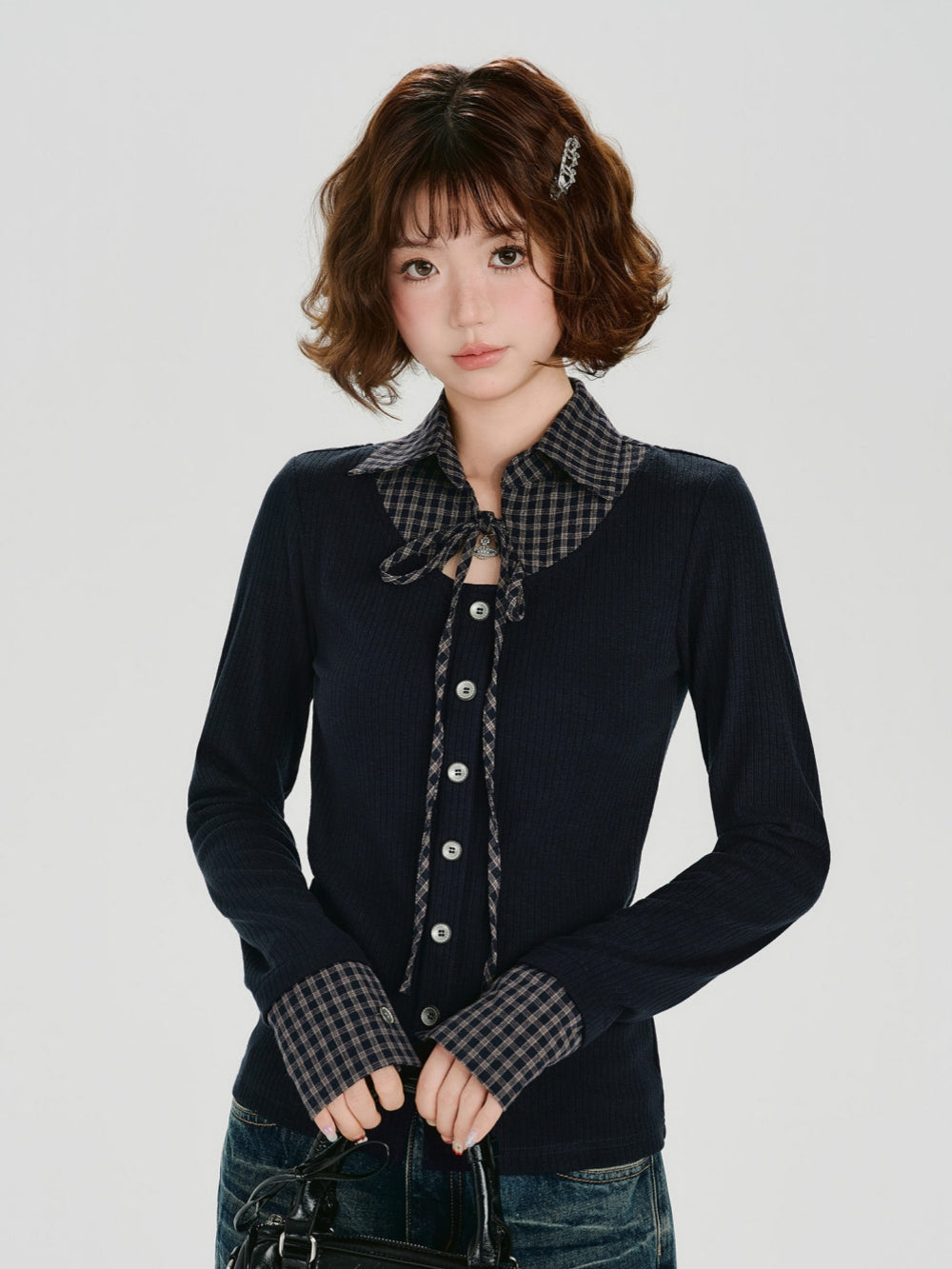 Plaid Collar Faux Two-Piece Slim Fit Tops