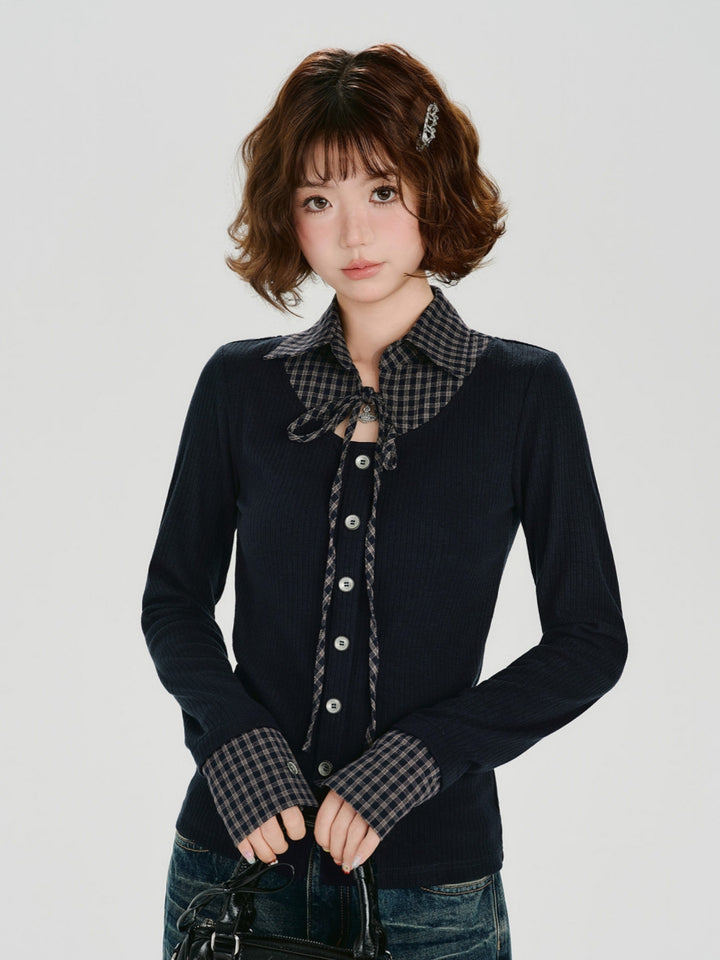 Plaid Collar Faux Two-Piece Slim Fit Tops