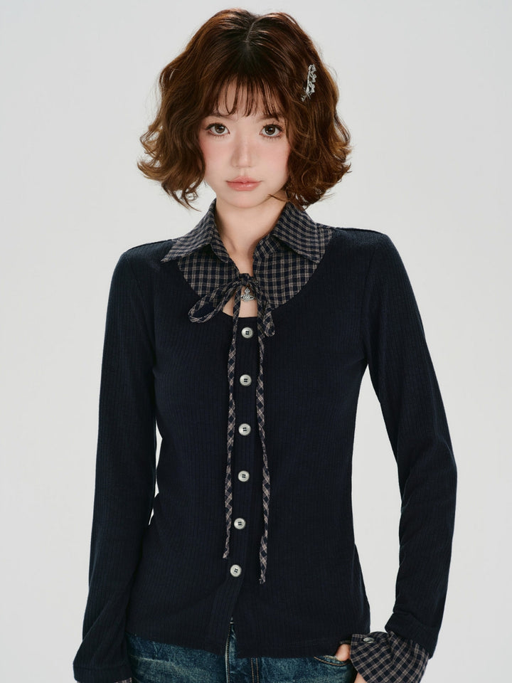 Plaid Collar Faux Two-Piece Slim Fit Tops