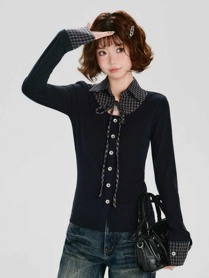 Plaid Collar Faux Two-Piece Slim Fit Tops