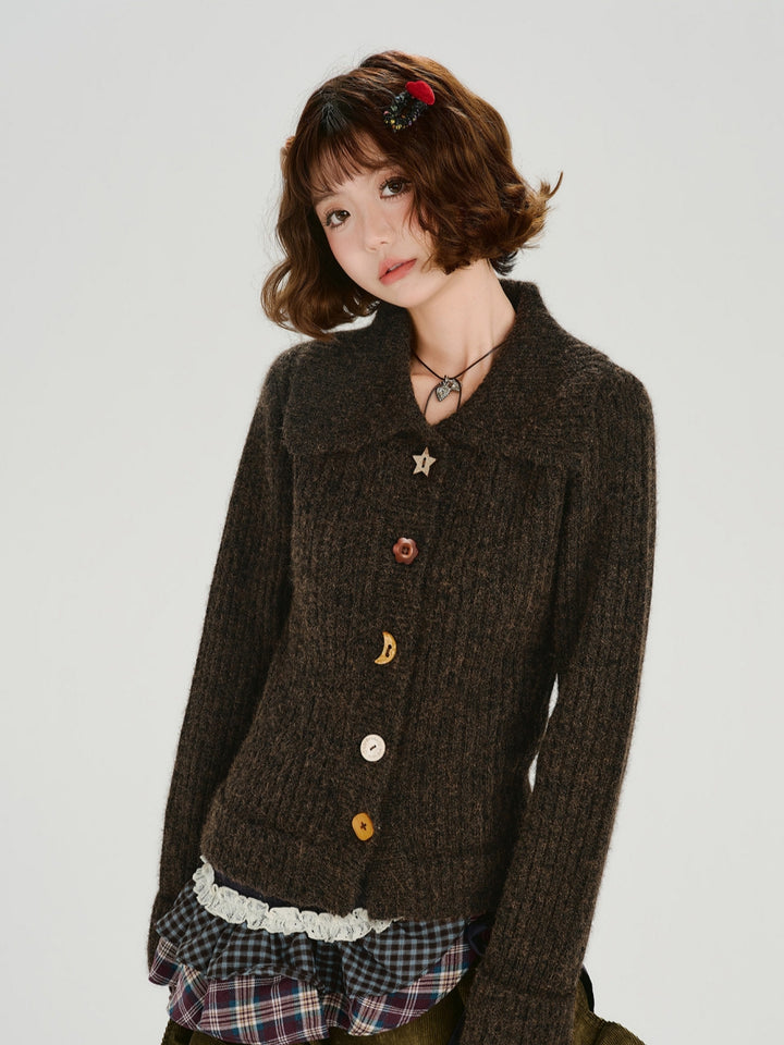 Whimsical Shaped Buttons Chunky Knit Cardigan
