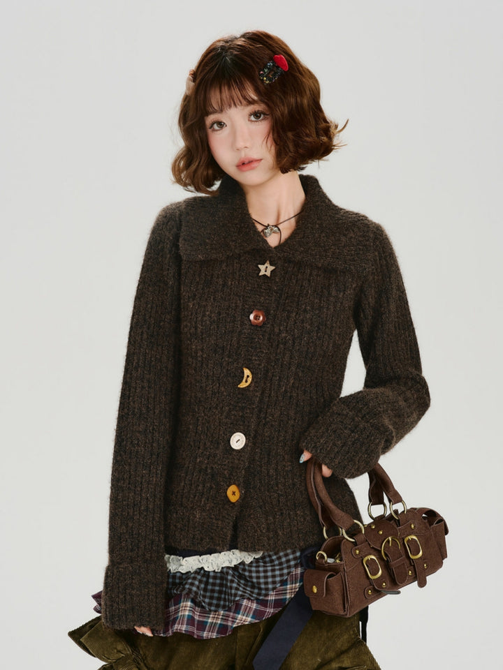 Whimsical Shaped Buttons Chunky Knit Cardigan