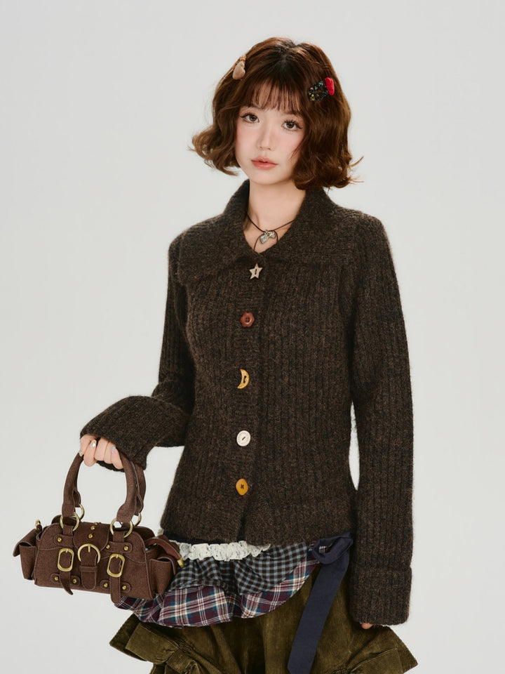 Whimsical Shaped Buttons Chunky Knit Cardigan