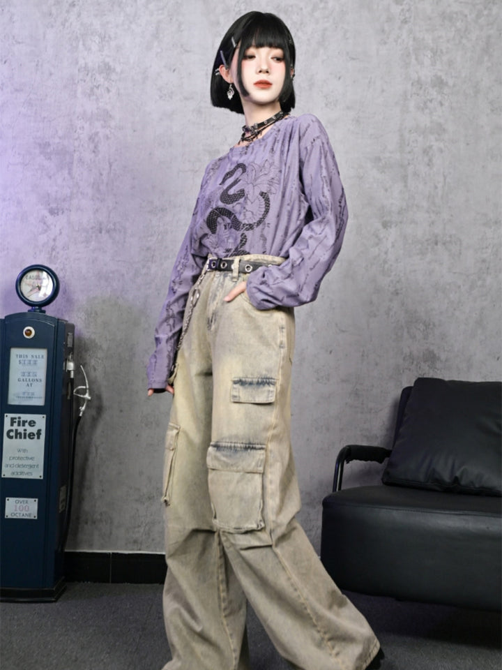 Snake and Flower Print Long Sleeve Top