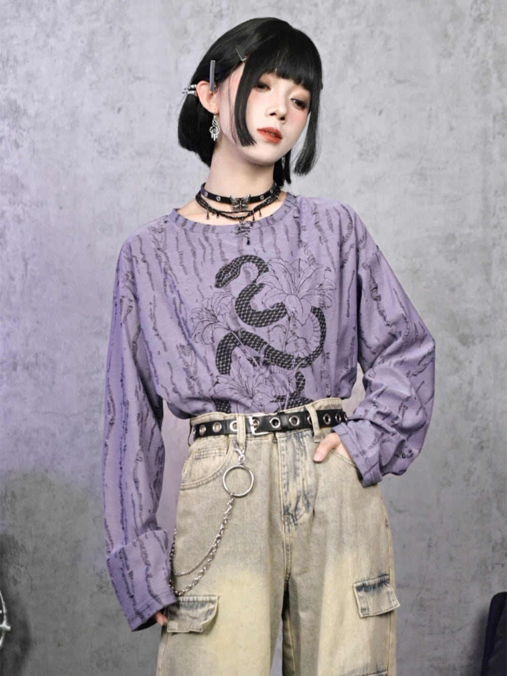 Snake and Flower Print Long Sleeve Top