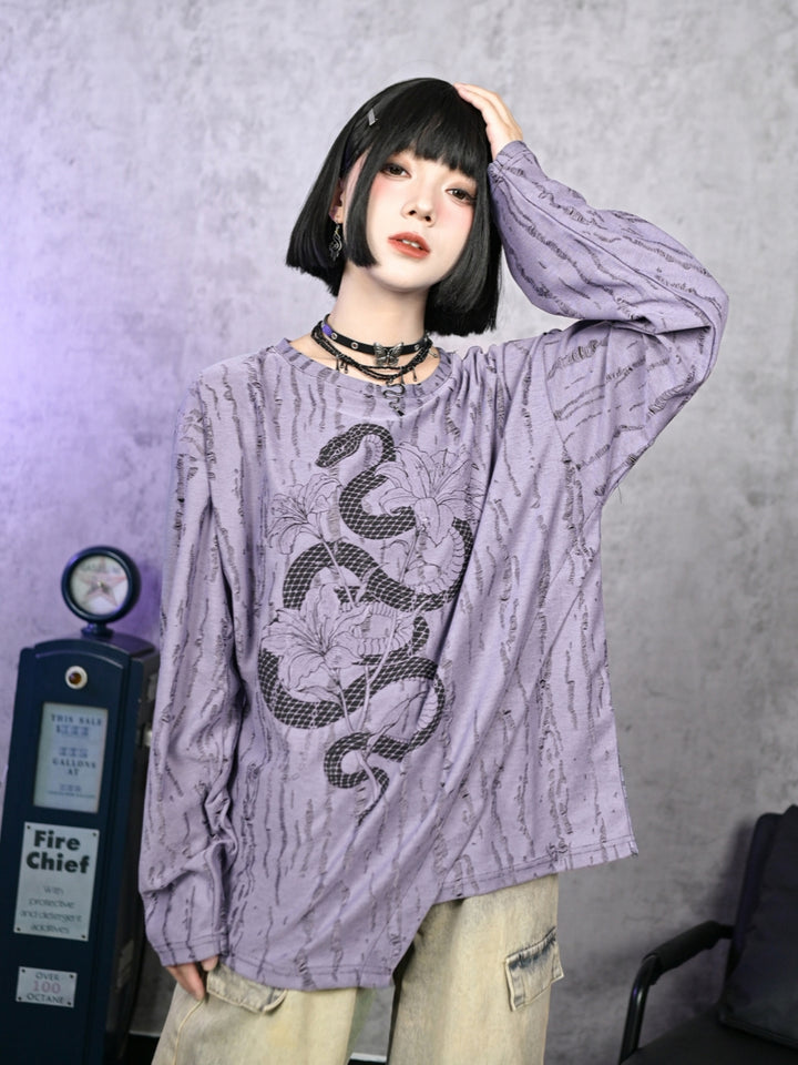 Snake and Flower Print Long Sleeve Top