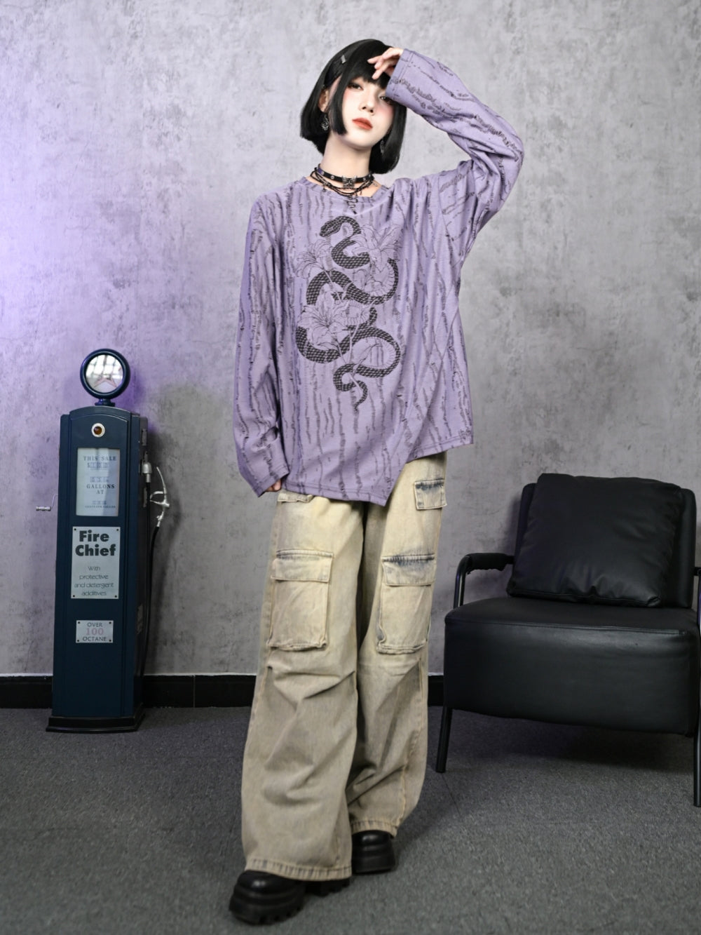 Snake and Flower Print Long Sleeve Top